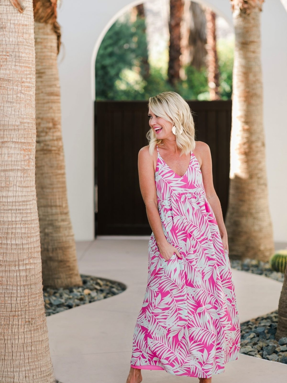 Gibson Tropical Floral Maxi Dress - Vibrant Pink & Light Gray - Size Small